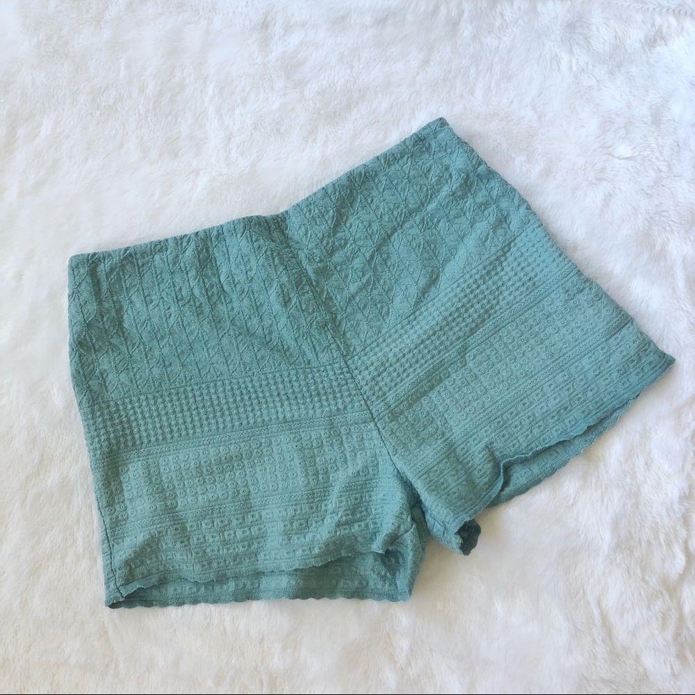 Free People High Waisted Teal Embroidered Shorts
